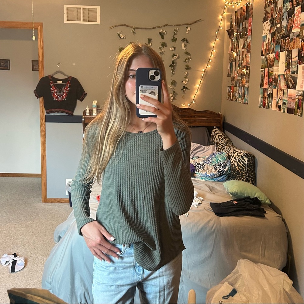 Olive green long sleeve waffle knit shirt